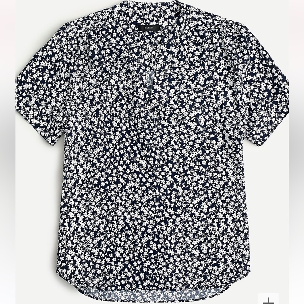 J.Crew Womens Navy White Floral Pullover Tunic Top Blouse Short Sleeve XS AO547‎